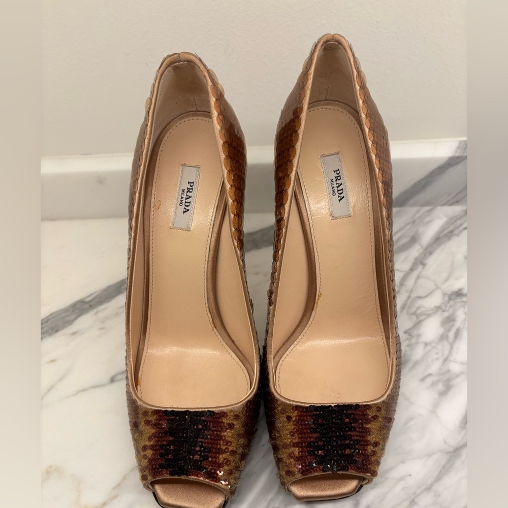 Prada Brown High Heels open toe with Sequins - Picture 3 of 5